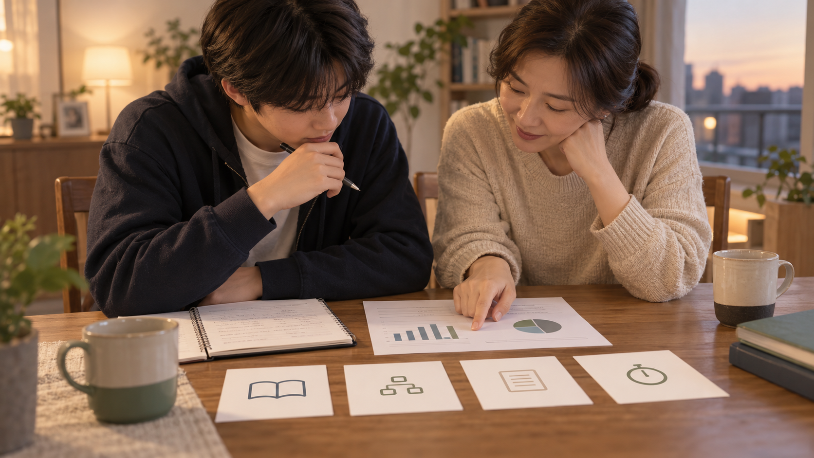 예비 고3 학생과 학부모가 한 번의 모의고사 점수 옆에 어휘, 구문, 근거, 시간 진단 카드를 함께 놓고 검토하는 창작 학습 장면