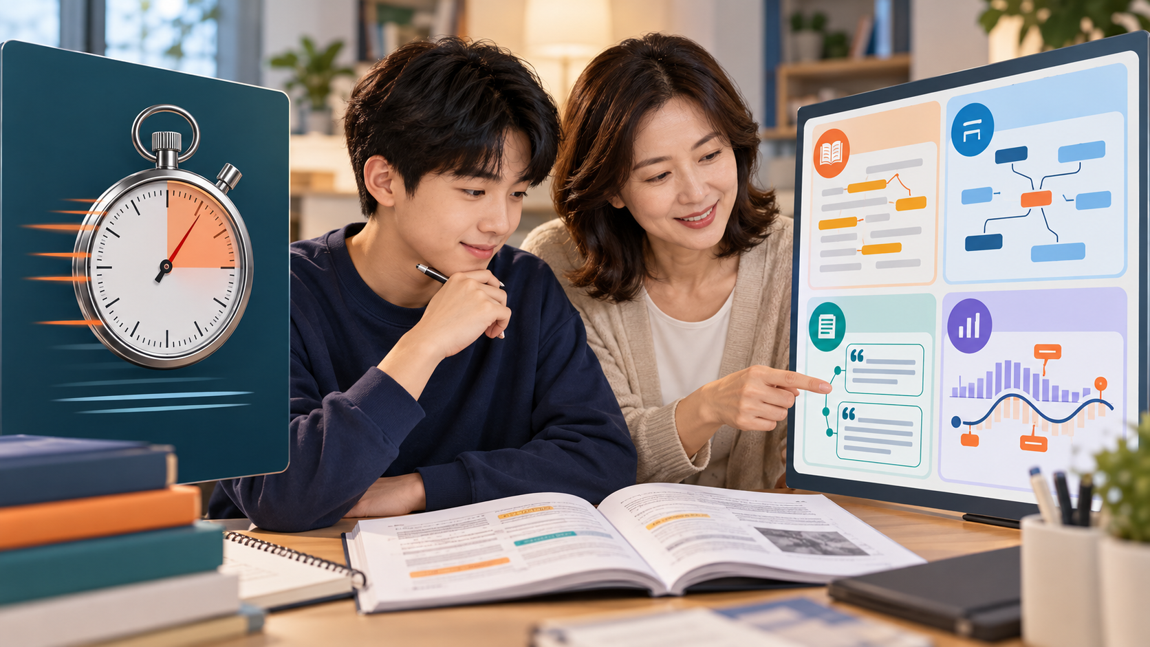 예비 고3 학생과 학부모가 영어 독해의 시간 기록과 어휘, 구문, 근거, 보류 병목 지도를 함께 살펴보는 창작 학습 장면