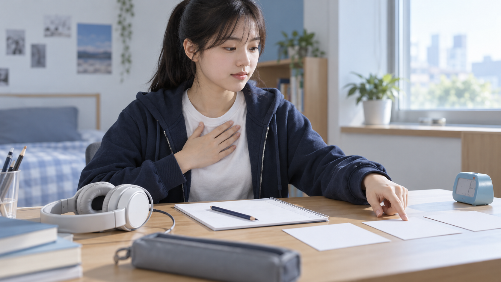 고등학생이 영어 듣기 한 문항을 놓친 뒤 호흡하고 다음 문제 카드로 시선을 옮기는 창작 학습 장면