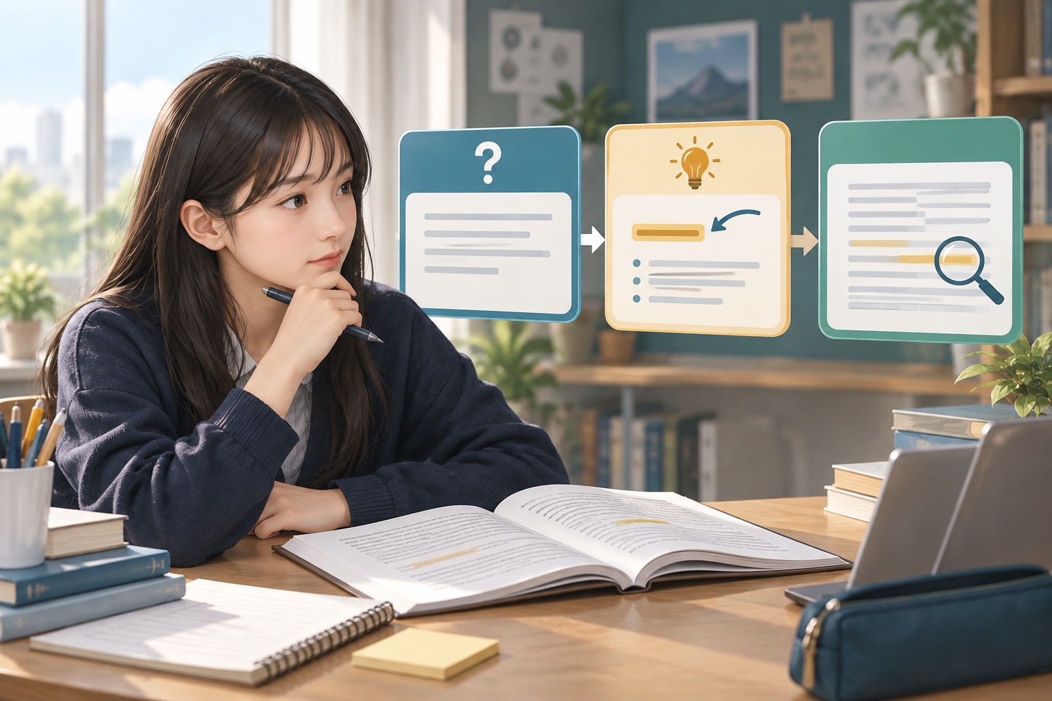 고등학생이 낯선 영어 발문을 질문, 풀이 행동, 지문 근거의 세 단계로 바꾸는 창작 학습 장면