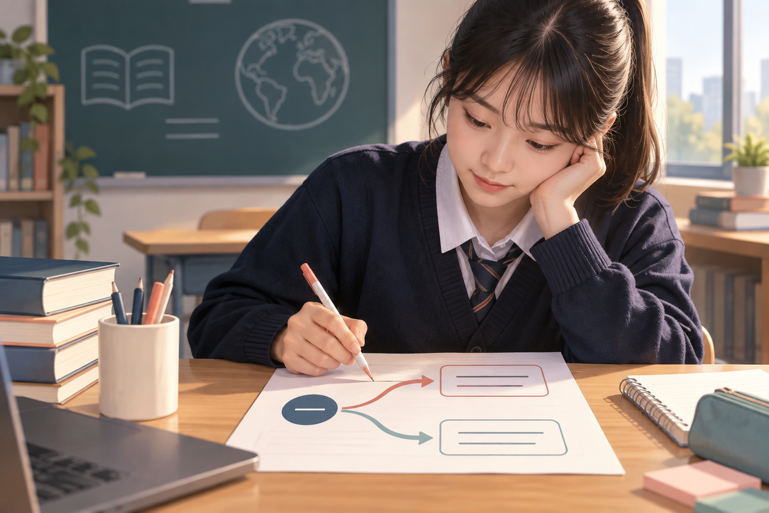 고등학생이 영어 명사와 두 분사 선택지 사이의 능동·수동 관계를 화살표로 검토하는 창작 학습 장면
