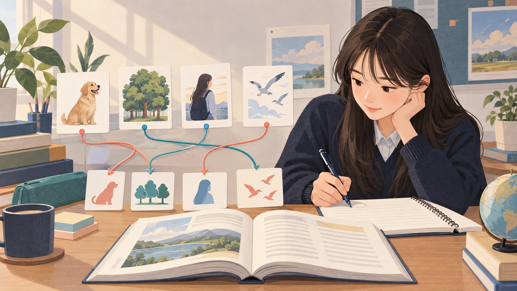 고등학생이 영어 지문의 명사 카드와 대명사 카드를 색깔 화살표로 연결하며 지시 대상을 검산하는 창작 학습 장면