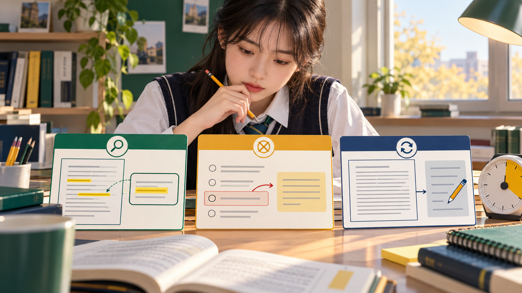 고등학생이 영어 문제의 근거 찾기, 오답 제거, 새 지문 재검사를 세 카드에 나누어 기록하는 창작 학습 장면