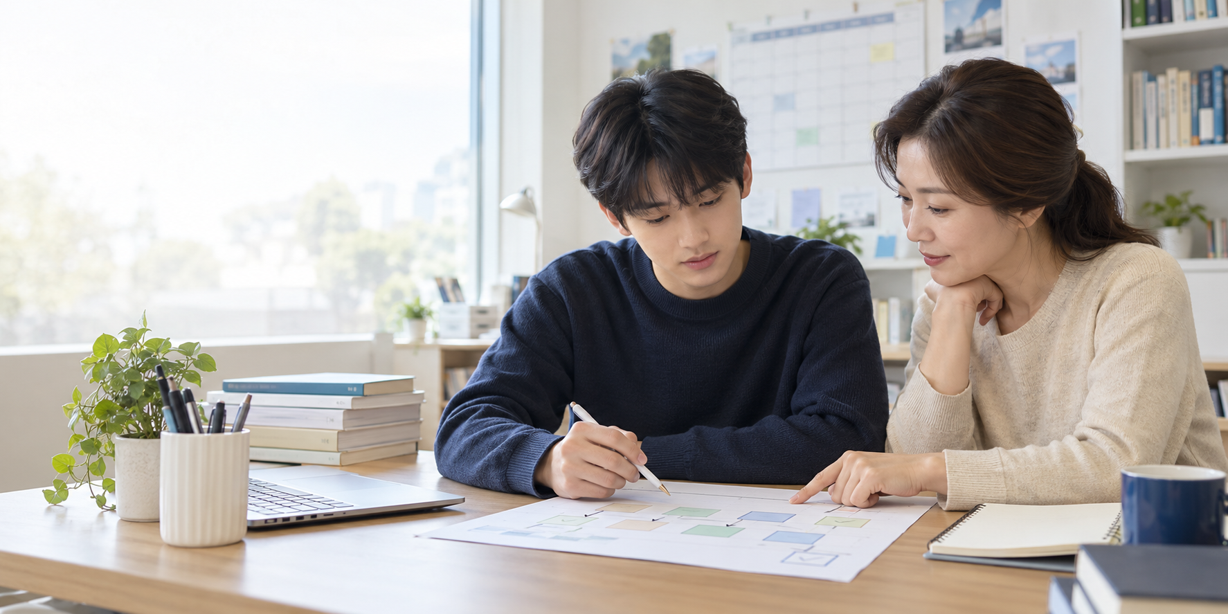 고3 학생과 학부모가 수능 영어 학습과 대학 입시 방향을 함께 계획표에 정리하는 창작 장면